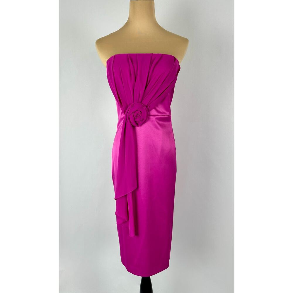 VTG Newport News Barbie Pink Satin Chiffon Rosette Strapless Midi Dress Party 6